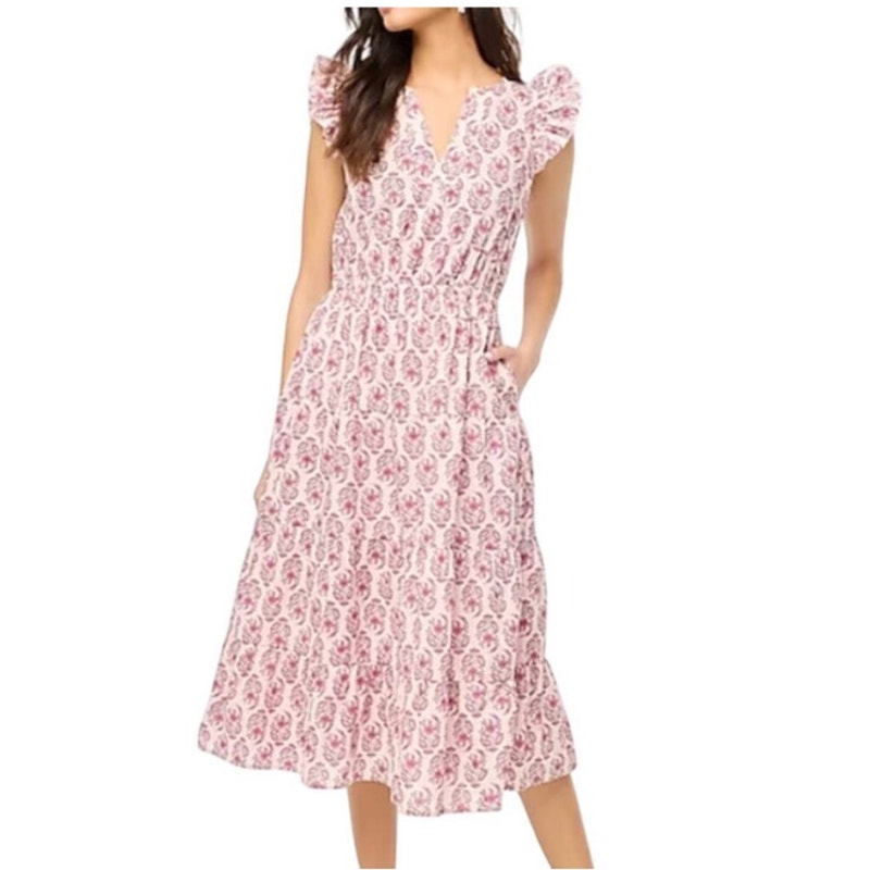 Nwt J. Crew Ruffle Sleeve Floral Print Cottagecore Midi Dress Size 2